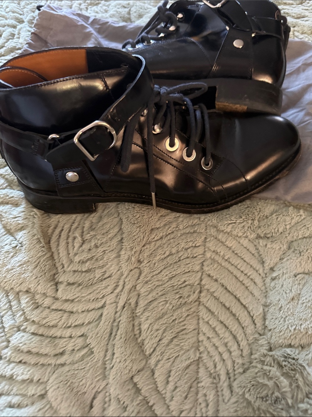 Women’s Black Leather Lace-Up Ankle Boots with Buckle